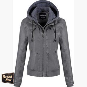 Faux Leather Bomber Jacket with Removable Hood, Waterproof, 5 Pockets